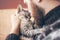 Muzzle of a cat and a man`s face. Close-up of handsome young man and tabby cat - two profiles.