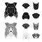 Muzzle of different breeds of dogs.Collie breed dog, lobladore, poodle, boxer set collection icons in black,monochrom