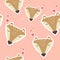 Muzzle of foxes, decorative cute background. Colorful seamless pattern with muzzles of animals, hearts