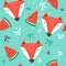 Muzzle of foxes, decorative cute background. Colorful seamless pattern with muzzles of animals, watermelons, leaves
