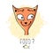 Muzzle of a happy red cat with the inscription `food?`.
