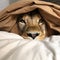 Muzzle of lion protrudes from under blanket, lion peeks out from under bedspread, funny photos