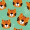 Muzzle of tigers, decorative cute background. Colorful seamless pattern with muzzles of funny animals