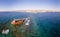 MV Demetrios II cargo ship wrecks on the coral riffs among the sea waves, Paphos