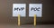 MVP vs POC symbol. Wooden clothespins with white sheets of paper. Words MVP, minimum viable product and POC, proof of concept.