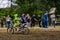 MX rider finish the race. Motion blur with flying dirt