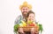 My father is farmer. Gardening and harvesting. Family farm organic vegetables. Man bearded rustic farmer with kid
