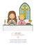 My first communion card. Girl and angel praying in church