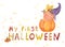 My first Halloween. Cute illustration of a child who is sitting in a pumpkin with closed eyes and in a purple hat. Next
