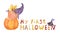 My first Halloween. Cute illustration of a little kid who is sitting in a pumpkin with closed eyes and in a purple hat
