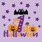 My first halloween- text, with cute baby bat and pumpkins, little spider and stars.