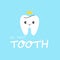 My first tooth lettering. Cartoon character in crown, motivational phrase, cute childish poster or print, kids party, dental