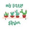 My Little Garden botanical vector illustration. Small potted cactus and succulent on shelf flat images isolated on white