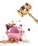 My little pink porcelain piggy bank with gold coins is smashed by a golden hammer