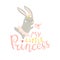 My little princess. Vector illustration of a dancing bunny girl in a skirt and birds with a cute baby phrase, print on