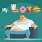 My love food. Obese man think to how to lose weight. Health care concept. illustration vector cartoon flat icons design