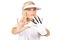 My lucky ball never lets me down. Studio portrait of a young female golfer holding a golf ball isolated on white.