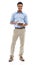 My online profile is constantly updated. Full length studio portrait of a young man using a digital tablet isolated on