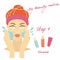 My daily routine. Skin care vector illustration. Correct order to apply skin care products. Step 1 Cleanse