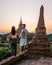 Myanmar, couple sunrise Bagan, men woman sunset Bagan .old city of Bagan Myanmar, Pagan Burma Asia old ruins Pagodas and