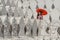 Myanmar woman with red umbrella in burmese traditional dress standing at Maha Sandar Mahi or Muni; Pagoda in Amarapura Mandalay