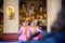 Myanmar, Yangon, November 2019, Shwedagon Pagoda, elderly women Buddhist monks with shaved heads are sitting at the pagoda