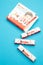 Mykolaiv, Ukraine - July 28, 2023: Bars Of Kinder Chocolate on blue background. Vertical photo