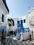 Mykonos Greece old town streets white and blue houses