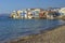 Mykonos Greece View of the bay of Mykonos center, with its typical white houses with blue windows, in ancient Greek style