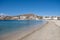 Mykonos island, Cyclades. Greece. Ornos sandy beach, summer holidays concept