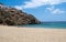 Mykonos island, Cyclades. Greece. Super Paradise sandy beach, summer holidays concept