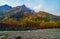 Myojin bridge and Azusa river in late autumn at Kamikochi National Park, Matsumoto, Nagano, Japan