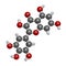 Myricetin flavonoid molecule. 3D rendering. Atoms are represented as spheres with conventional color coding: hydrogen white,