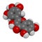 Myricetin flavonoid molecule. 3D rendering. Atoms are represented as spheres with conventional color coding: hydrogen white,