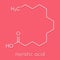 Myristic tetradecanoic acid saturated fatty acid molecule. Skeletal formula.
