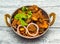 mysore mutton sukka bhuna karahi served in dish isolated on wooden table top view of indian spicy food