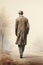 Mysterious 1900s man walking away - Watercolor - Oil Painting - Rural Landscape