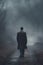 Mysterious African american man wearing a long trench coat in the fog. Noire detective. Roaring Twenties era.