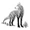 Mysterious aggressive Wolf look back silhouette double exposure blend tree drawing tattoo