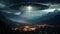 Mysterious alien spaceship flying through dark mountain range at night generated by AI
