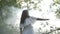 Mysterious angelic girl in white dress spinning amongst the trees in the forest -