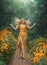 Mysterious attractive flower fairy in light yellow dress with long train and open legs in jump in the forest with bright