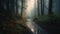 Mysterious autumn forest, dark beauty in nature, tranquil wet footpath generated by AI