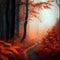 Mysterious autumn forest in foggy morning. Halloween background.