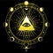 Mysterious background: pyramid, all-seeing eye, sacred geometry.