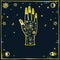 Mysterious background: the stylized human hand is decorated with alchemical sings, space symbols. Gold imitation.