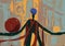 Mysterious balance figure with spheres on the arms and head. behind a deserted temple expressionism painting, illustration,