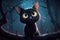 Mysterious black cat, perched on a tree branch and overlooking a moonlit graveyard, with a hint of supernatural intrigue cartoon
