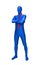 Mysterious blue man in morphsuit with a red tie around her neck
