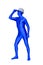 Mysterious blue man in morphsuit wears a white hat on his head